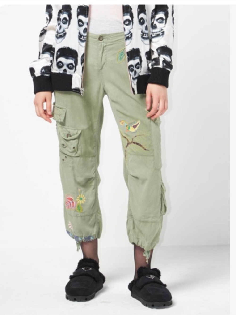 VINTAGE Da Nang Khaki Flower Embossed Silk Blend Low Rise Cargo Pants Small